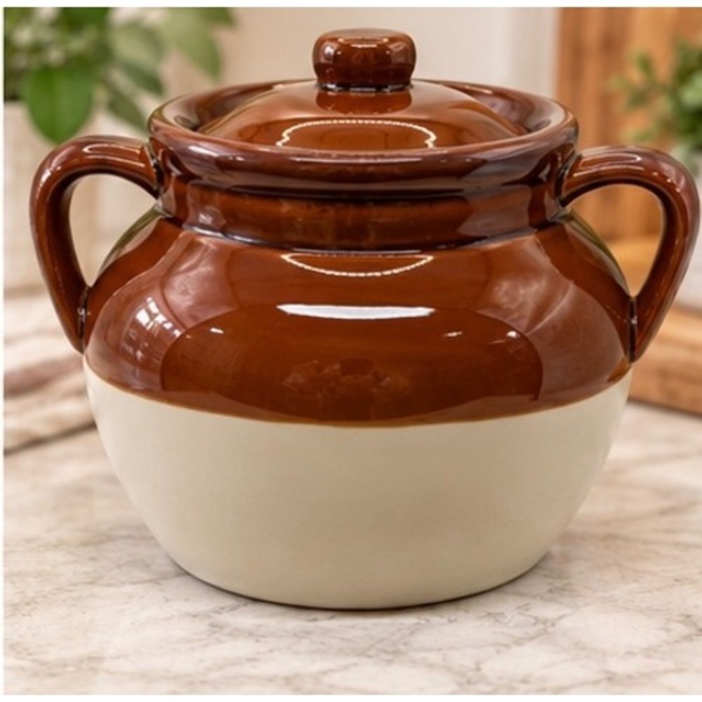 Vintage Stoneware Bean Pot With Lid Brown Cream Glazed Ceramic Crock 10x8